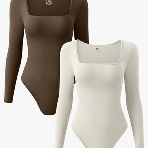 Elegant Square Neck Bodysuit Set - Brown and Cream